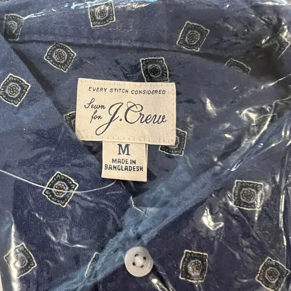 NWT J. Crew Men's Square Flower Blue/Green Cotton-Wool Challis 2 Pocket Shirt
